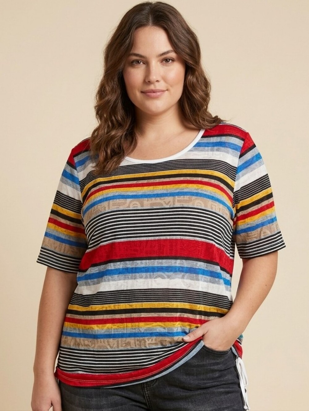 Claire France  Multi-Color Striped Short Sleeve Top With Ruched Sides, Size 2X